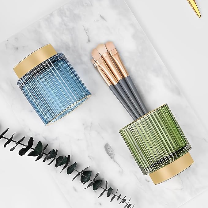 Makeup Brush Holder Organizer, Heavy Crystal Glass Brush Storage Holder, Vintage Cosmetic Make Up Bathroom Brushes Cup Pen Pencil Toothbrush Holder Striped Vase (Large (green))