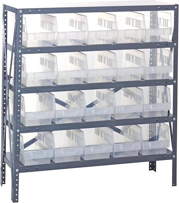 Quantum 1239-202CL Heavy Duty Shelving Unit with (5) Shelves and (20) Clear Bins QSB202 for Garage Warehouse Storage Distribution | 400 lbs Load Capacity | 12"D x 36"L x 39"H, Galvanized Carbon Steel