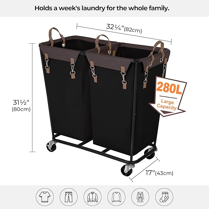 StorageWorks 280L Large Lanudry Hamper with Wheels, Laundry Basket with Wheels 2 Sections, Clothes Sorter Cart with Divider for Hotel, Home, Black, 1-Pack