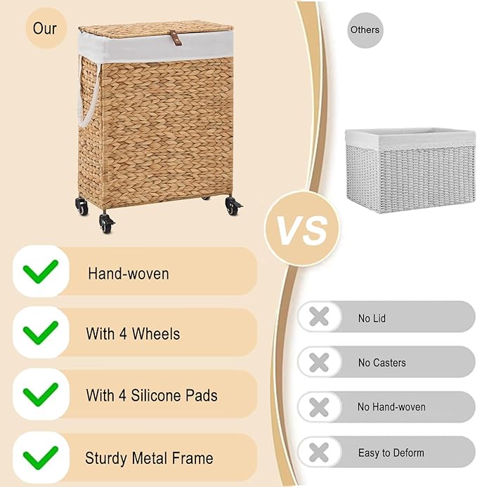 Rolling Laundry Hamper with Lid and Wheels, Slim Laundry Basket with Removable Liner Bag & 2 Mesh Bags, Handwoven Water Hyacinth Clothes Hamper for Bedroom Bathroom (Natural, 65L)
