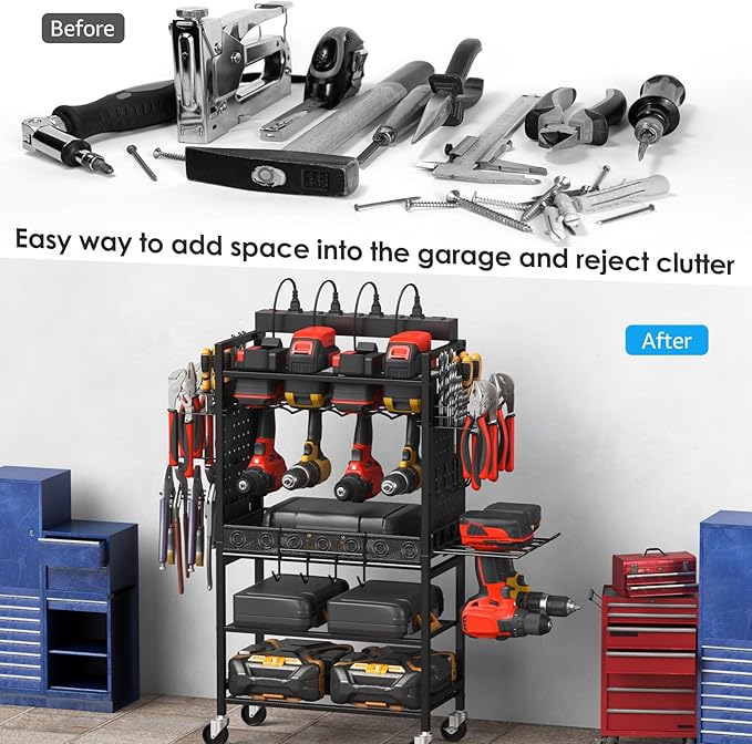 CCCEI Power Tool Organizer Cart with Charging Station, Garage Floor Rolling Storage Cart on Wheels for Mechanic, Mobile 6 Drill, Tool Box Utility Cart with Battery Charging Power Strip, Black