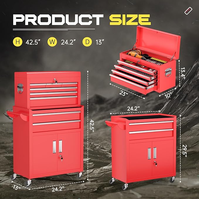8-Drawer Rolling Tool Chest with Lock, Detachable Tool Cabinet Cart with Wheels, High-Capacity Mechanic Tool Organizer for Garage Workshop Warehouse Storage