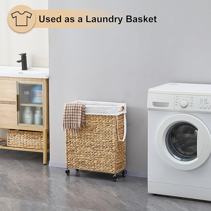 Rolling Laundry Hamper with Wheels, Slim Laundry Basket with Removable Liner Bag & 2 Mesh Bags, Handwoven Water Hyacinth Clothes Hamper for Bedroom Bathroom (Natural, 65L)