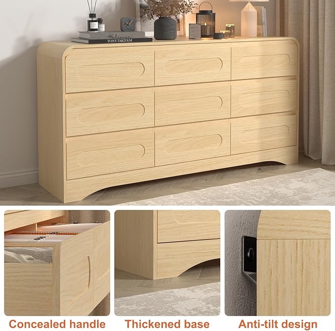 Dresser for Bedroom with 9 Drawers, 63" Large Modern Dressers & Chest of Drawers with Curved Profile Design, Wood Closet Clothes Storage Long Dressers Organizer for Bedroom Living Room Hallway, Oak