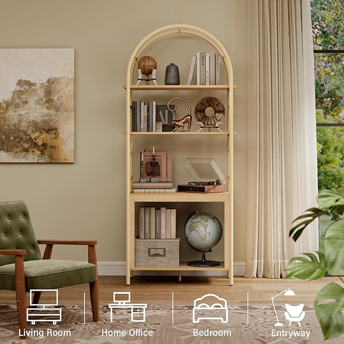 BREEZEHEAT 4-Tier Arched Bookshelf, 72" Tall Bookcase with Storage Shelves, Floor Standing Open Display Storage Shelf with Metal Frame, Large Organizer for Living Room, Home Office, Bedroom, Natural