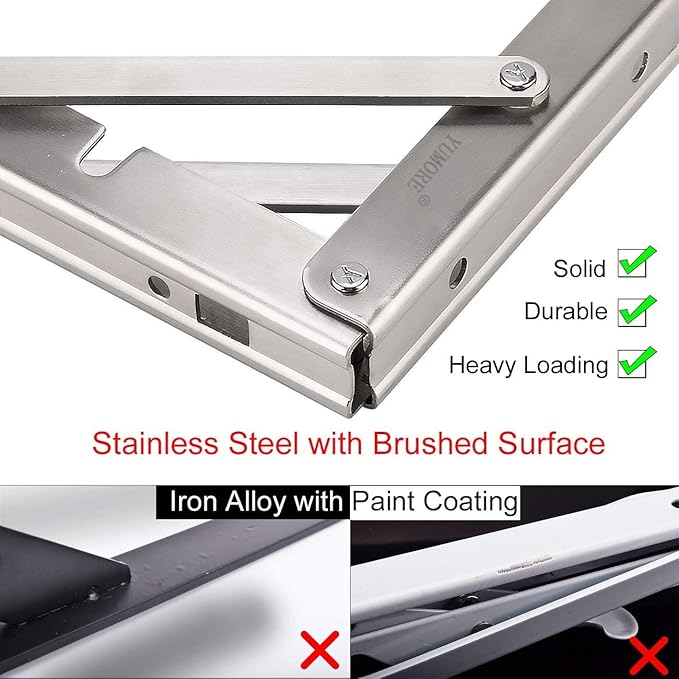 YUMORE Folding Shelf Brackets 8", Max Load: 300lb Heavy Duty Stainless Steel Collapsible Shelf Bracket for Table Work Bench, Space Saving DIY Bracket, Pack of 2