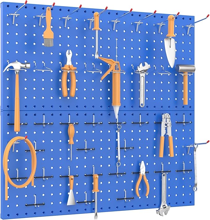 TORACK Metal Pegboard Wall Organizer 24" x 24" or 12" x 48", 70 PCS Tools Storage Pegboard for Garage Tool Organizer Pegboard with Peg Board Hooks for Workbench(Blue)