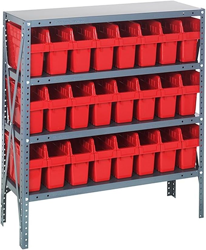 Quantum 1239-SB801RD Heavy Duty Shelving Unit with (4) Shelves and (24) QSB801 Red Bins for Warehouse Storage Distribution | 400 lbs Capacity per Shelf | 12"D x 36"L x 39"H, Galvanized Steel Finish