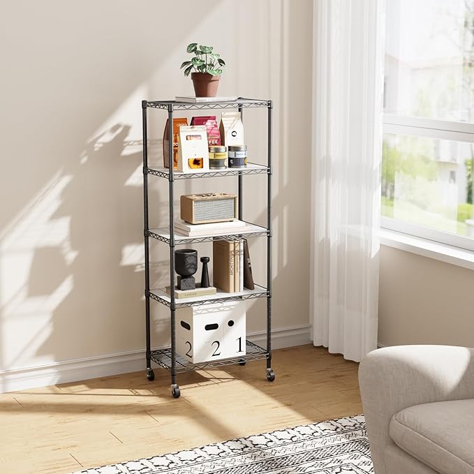 SINGAYE Shelf Closet Wire Shelving：Adjustable Metal Unit for Laundry Room Organization Bathroom Kitchen Home Storage with Wheels Pantry Rack Shelves