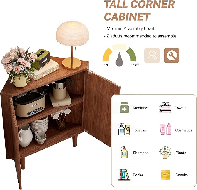 Fluted Floor Corner Kitchen Cabinet, Wooden Freestanding Cabinets Organizer with Door, Side Storage Organizer for Living Room, Dining Room, Bathroom Walnut