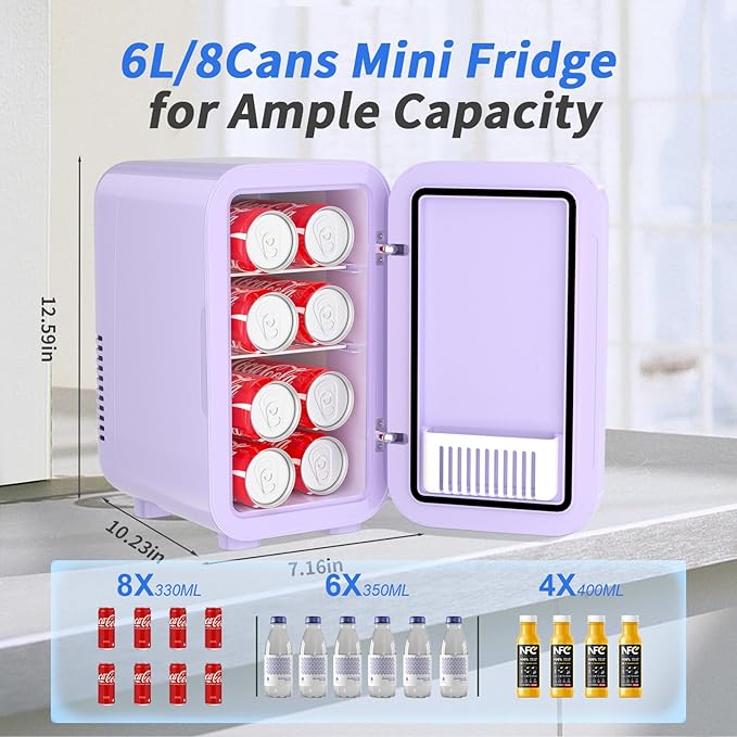 Mini Fridge, 6 Liter/8 Can 110V AC/DC Portable Thermoelectric Cooler Refrigerators for Bedroom, Skincare, Beverage, Office, Dorm Room and Car, Purple