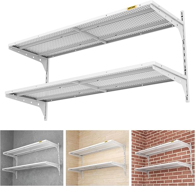 1pack×2 Tier 1.3x4ft Garage Shelving Wall Mounted, 260lbs Load Capacity，15.6x48inch per Shelf Height Cassette Adjustable Floating Shelves(White)
