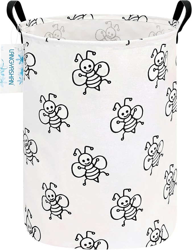 LANGYASHAN Laundry Basket Canvas Fabric Collapsible Organizer Basket for Storage Bin Toy Bins Gift Baskets Bedroom Clothes Children Nursery Hamper (Bee)
