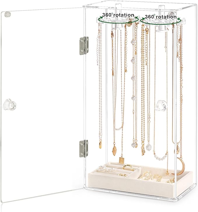 Necklace Holder, Acrylic Jewelry Organizer with 24 Hooks, Rotation Clear Necklaces Pendant Display Case Stand, Dust-proof Velvet Tray Hanging Rack Storage for Earrings Rings