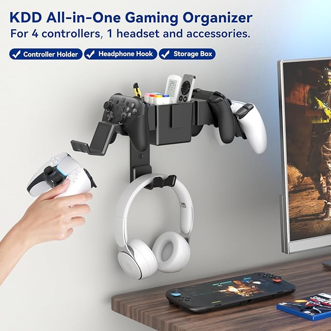 KDD Controller Wall Mount & Headset Holder, Universal Gaming Organizer Stand with Storage Box, Fits Xbox Series X/S, PS4, PS5, Switch, Steam, Gamepad Hanger for Headphones & Accessories