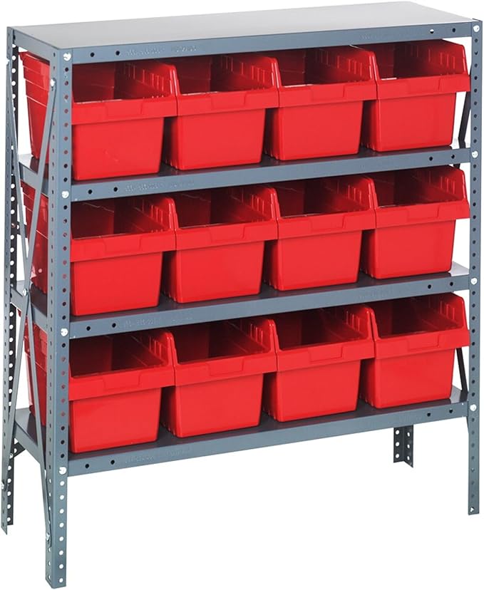 Quantum 1839-SB808RD Heavy Duty Shelving Unit with (4) Shelves and (12) QSB808 Red Bins for Garage Warehouse Storage Distribution | 400 lb Load Capacity | 12"D x 36"L x 39"H, Galvanized Carbon Steel