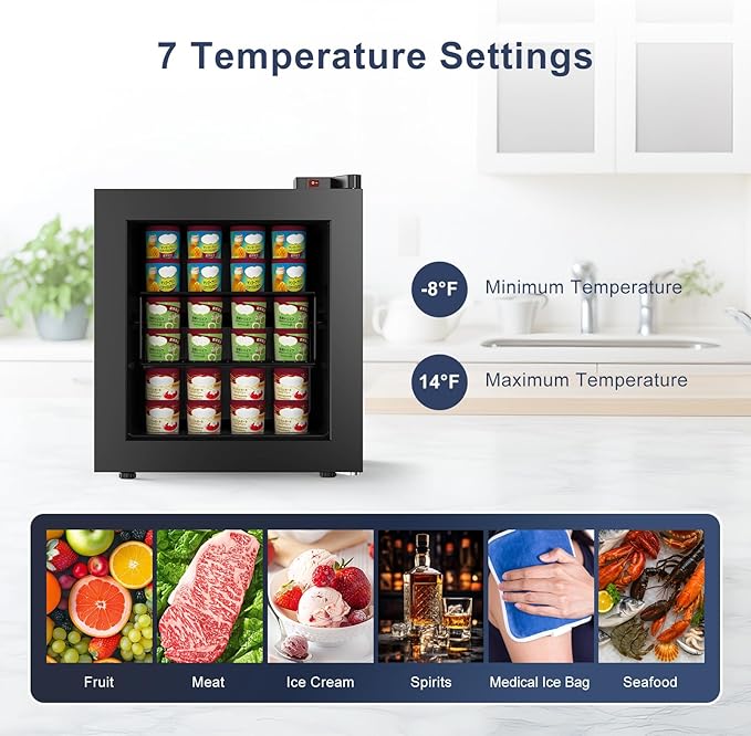 Northair Mini Freezer, 1.1 Cu Ft, -8°F to 14°F Glass Door Display, 2 Removable Shelves, 7 Temperature Settings, Black (1.1 cubic feet)