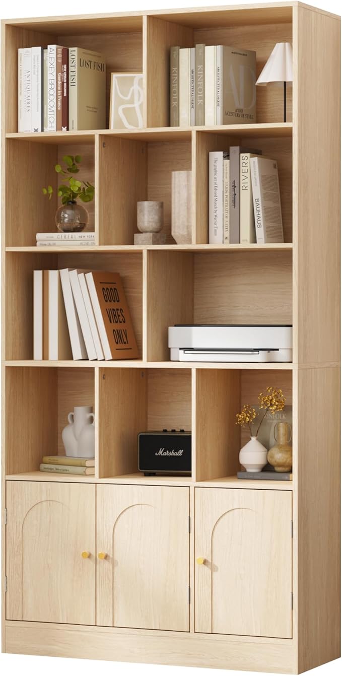 71" Tall Bookshelf with 10 Cubes and 3 Doors, 4-Tier Bookshelf, Open Shelf Bookcase with Cabinet, Modern Cube Storage Organizer for Living Room, and Office, Natural Wood Color