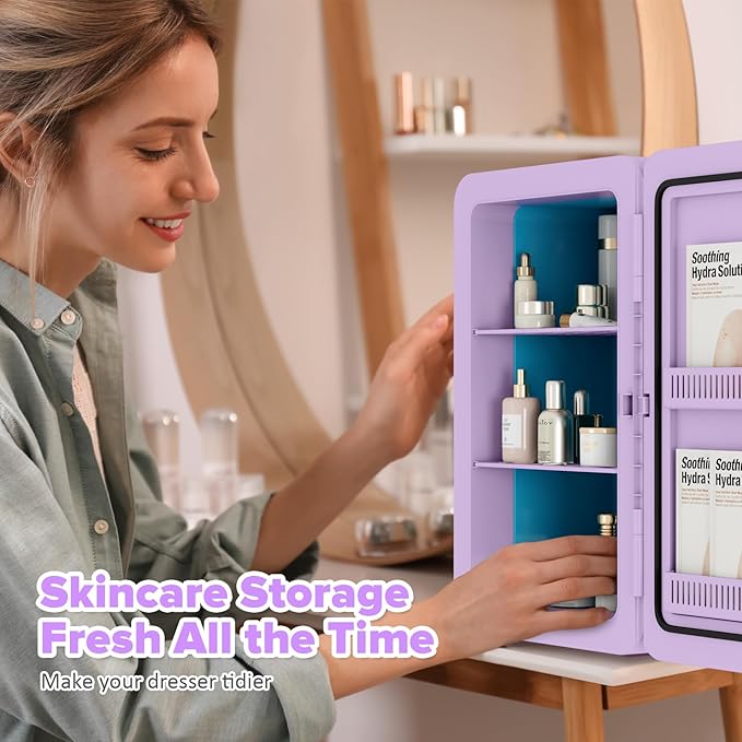 22L/30Cans Mini Fridge for Bedroom, 12v DC Portable Cooler & Warmer, Mini Refrigerator with Glass Front, for Car Office Desk & Dorm Food Beverage Skincare Makeup (Purple)