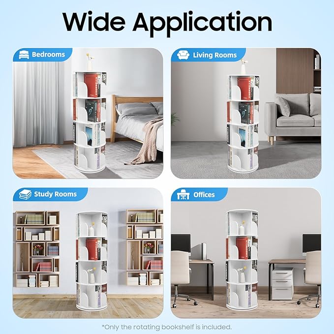 Rotating Bookshelf,360 Display Round Bookshelf,4 Tier Floor Standing Bookcase Storage Rack,Narrow Swivel Book Shelf Organizer for Bedroom,Living Room