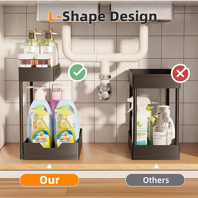 Simple Trending Under Sink Organizer 2 Pack, L-Shaped Sink Pull-Out Sliding Storage Cabinet, 2-Tier Under Shelf Organizer for Kitchen Bathroom with Hooks, Black