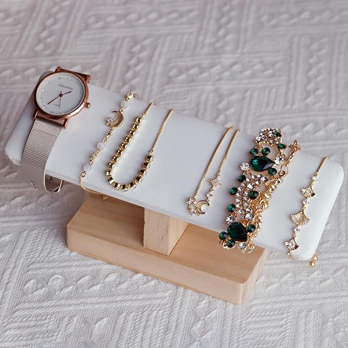 Wooden Watches Display tower Base Watch Necklace Bracelet Organizer Rack Bangle Scrunchie Headband Showcase tower (White PU, Flat single-layer)