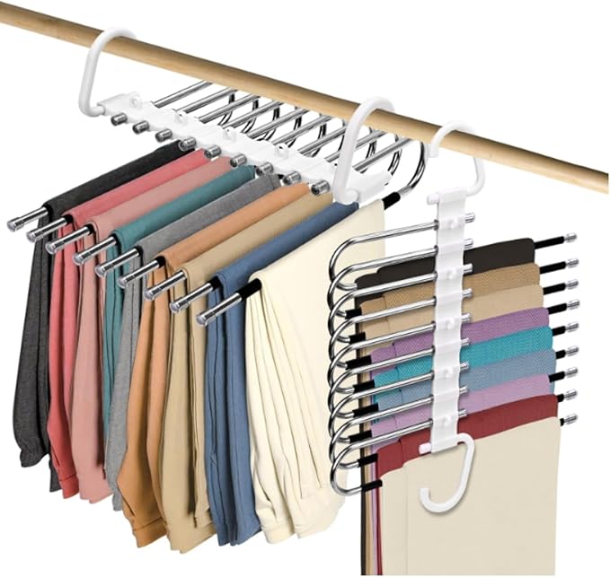 2Pack 9 Layers Foldable Pants Hangers Space Saving Trouser Hanger Multifunctional Trouser Rack Hanger Hanging Hole for Wardrobe Trousers Scarf Jeans (White)