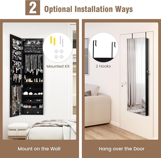HAPPYGRILL Over the Door Jewelry Organizer, Hanging Jewelry Storage Cabinet w/Full-Length, Inner Makeup Mirror, Earring Shelves, Ring Slots, 25 Necklace Hooks, Wall Mounted Jewelry Armoire for Women