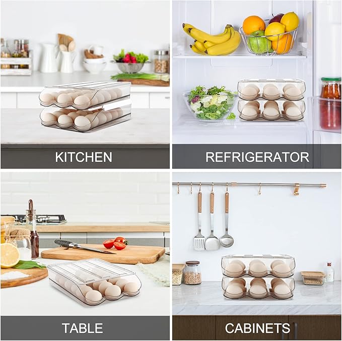 Egg Holder for Fridge,Automatically Rolling Egg Storage Container for Refrigerator,Egg Organizer for Fridge with Lid,Clear Plastic Dispenser, Tray & Box -3 Layer