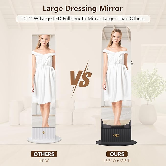 360°Swivel Jewelry Organizer with Full Length Mirror with Lights,Jewelry Armoires Cabinet Standing with Drawer,Large Mirror Storage for Jewelry and Makeup(Black)