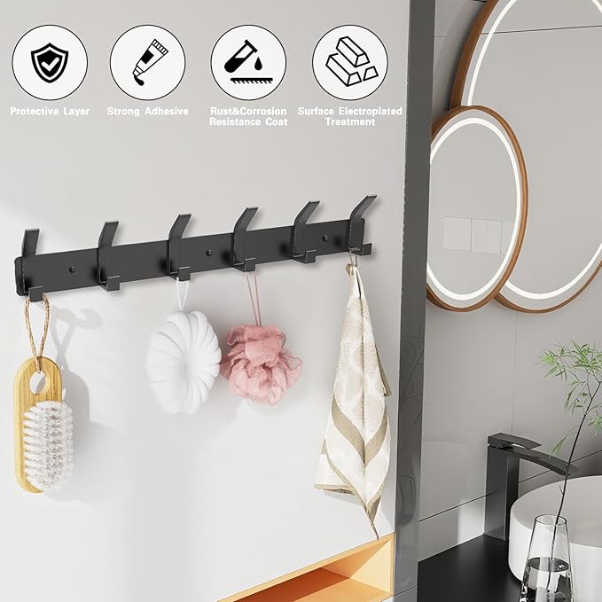 2 Pack Coat Rack Wall Mount,17.3 in Wall Hooks for Hanging, Coat Hanger Wall Mount Towel Rack Hat Rack for Wall with 6 Hooks for Entryway, Bedroom, Bathroom (Black,6 Hook-2Pack)