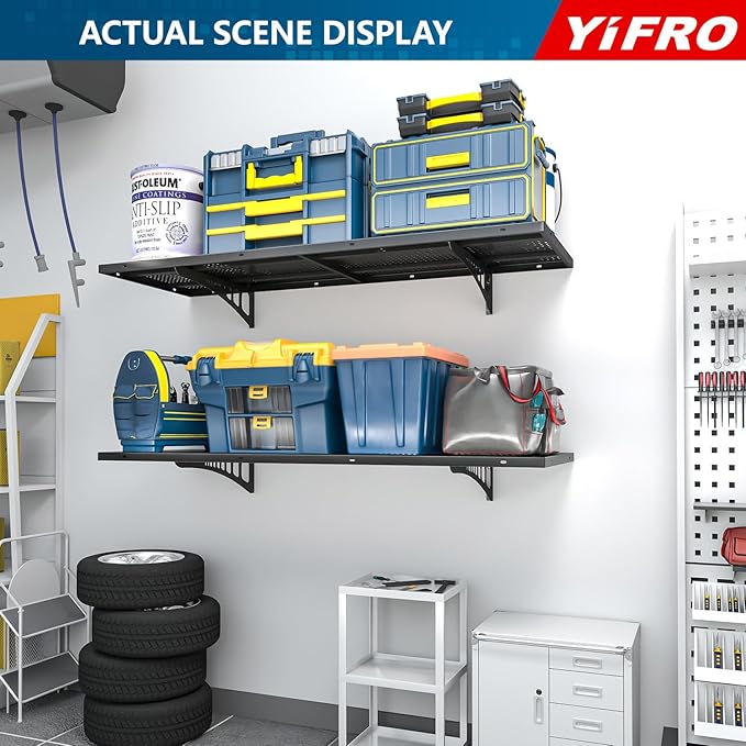 4-Pack 1.5x4ft Heavy Duty Garage Wall Shelving, 1000 lbs Load Capacity, Garage Shelving Wall Mounted, Storage Rack with Hooks, Black