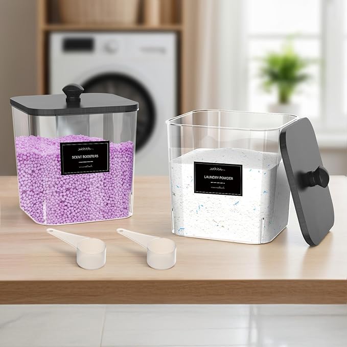 2 Pack Clear Laundry Pods Container, Plastic Square Laundry Room Organization and Storage Jars with Black Lids, Scoops & Labels for Detergent, Powder, Dryer Balls