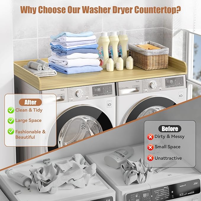 Washer Dryer Countertop, 27.5" D x 54" W Washer and Dryer Topper Covers with Edge Rails, Wood Laundry Room Countertop Shelves for Laundry Room Organization and Storage (Natural)