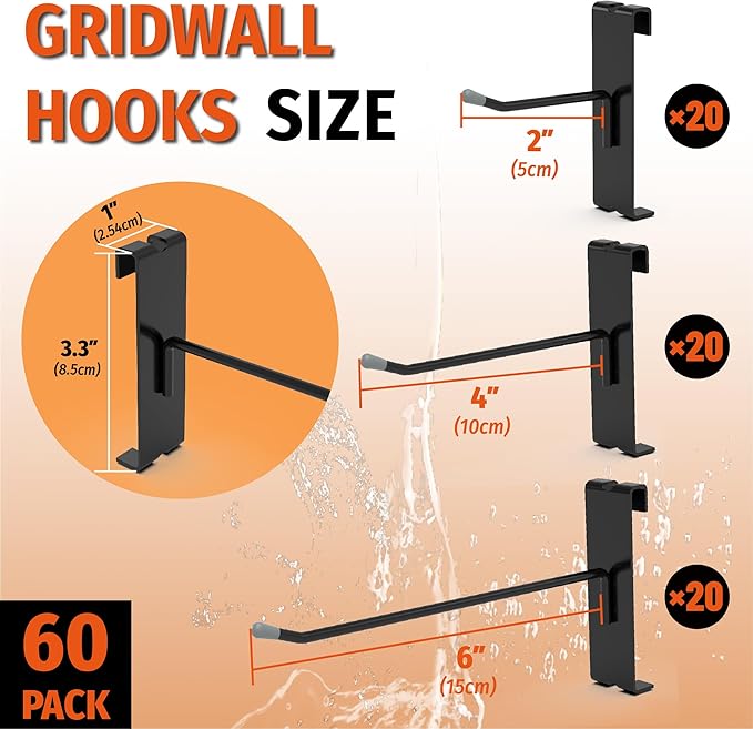 HUHOLE Black Gridwall Hooks 2 Inch, 4 Inch, 6 Inch, 60PC Heavy Duty Grid Wall Accessory, Durable Grid Wall Hook Solution for Tool Organization, Garagre, Retail Display, Hooks for Gridwall Panel