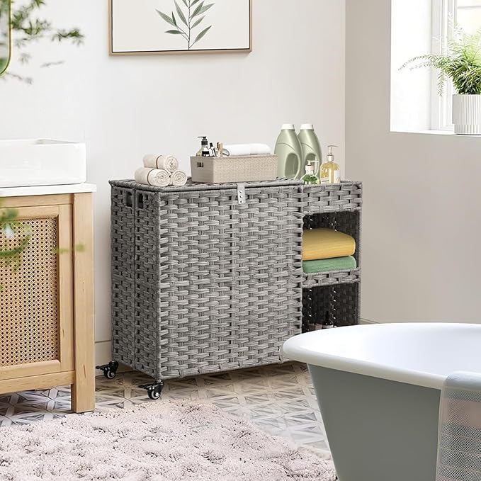 Laundry Hamper with Wheels, 42.3 Gal.(160 L) Laundry Sorter with Shelves, Rattan Clothes Hamper with 4 Removable Liners & 3 Mesh Bags, Handwoven Organizer for bedroom, bathroom, laundry room, Grey