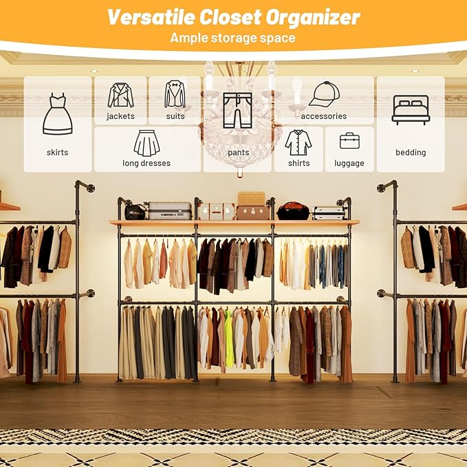 Industrial Pipe Clothing Rack, Reversible 118.3'' Clothes Rack for Hanging Clothes, Black Wall Clothing Rack Wall Mounted Rack for Walk-in Closet, Laundry Room or Retail Display (丨丨丨-with board)