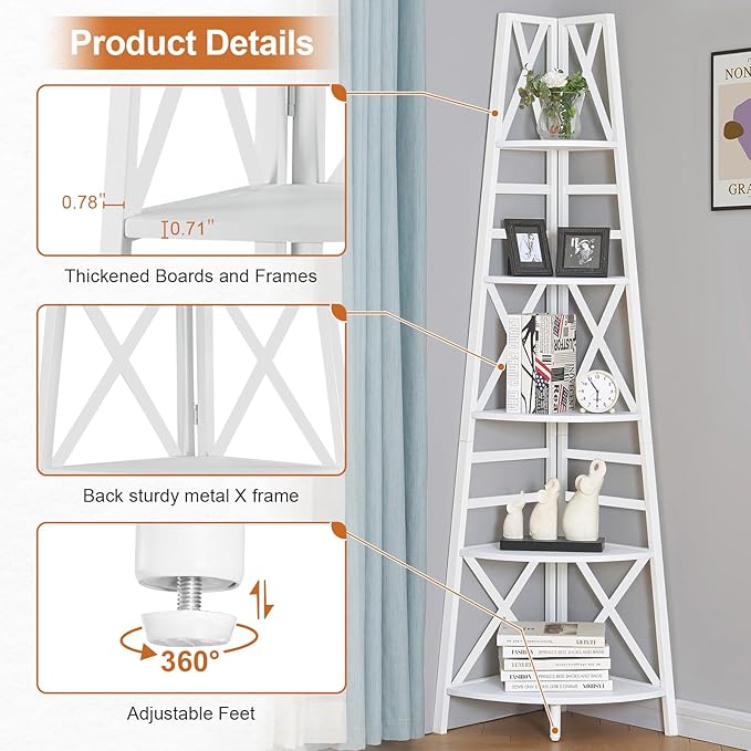 HOMBAZAAR 5 Tier Corner Shelf, 72 Inch Industrial Corner Bookshelf, Tall Ladder Bookcase with Metal Frame, Rustic Shelf Stand for Living Room, Bedroom, Office, White