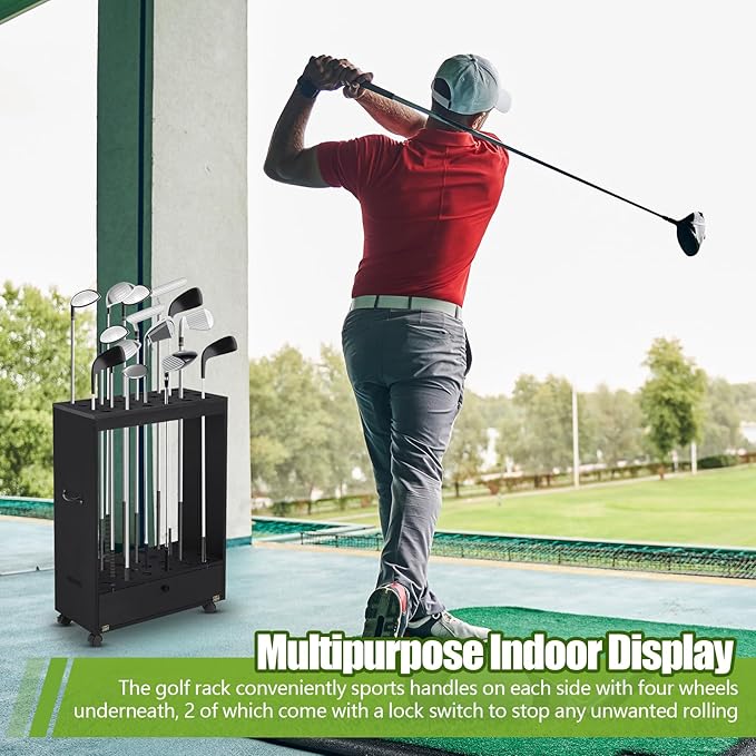 27 Hole Golf Club Stand Holder Wooden Golf Club Organizer Putter Display Rack with Storage Drawer and Wheel for Indoor Home Office Simulator Garage