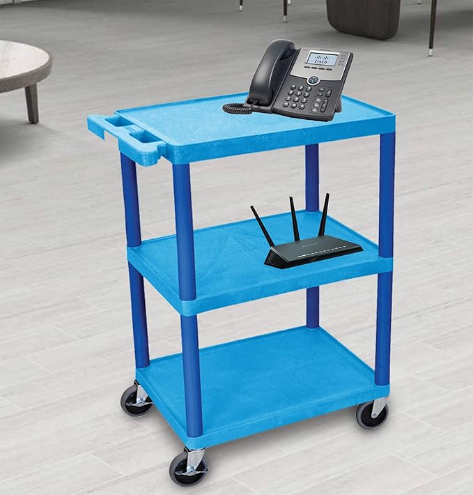 Luxor HE34-BU Utility Cart - 3 Shelves Structural Foam Plastic, Four 4" Casters, Two with Locking Brake, Ergonomic Push Handle, 24"W x 18"D x 34"H, Offices, Classrooms