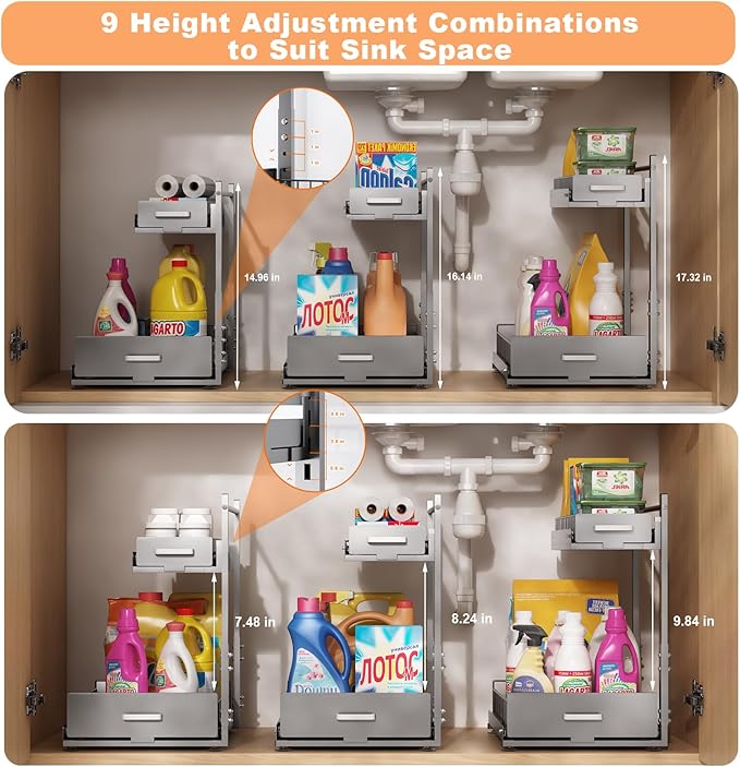 Under Sink Organizer,2 Tier Slide Out Kitchen Cabinet Organizers with Pulley,Under Bathroom Sink Pull Out Organizer with Multiple Height Adjustments for Kitchen and Bathroom Cabinets (Gray)
