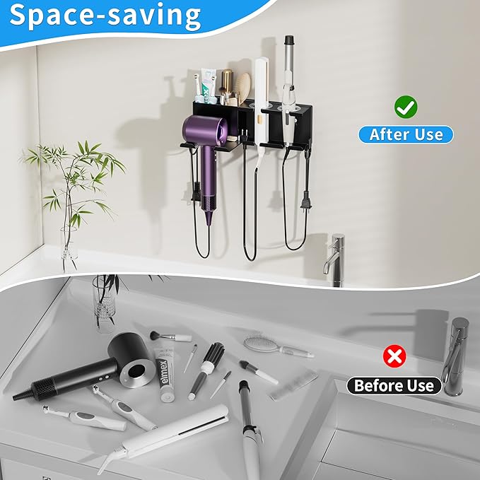 Hair Dryer Holder Wall Mounted, Metal Hair Tools Organizer, Hair Dryer Holder for Blow Dryer, Curling Iron, Straightener, Bathroom Hair Accessories Tools Organizer, Black