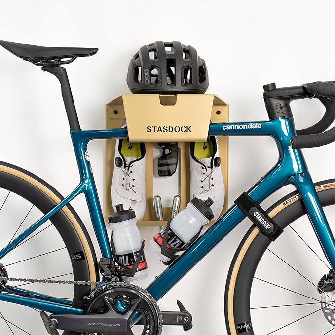 Stasdock Wall Bike Rack | Bike Storage Wall Mount System | For Race Bicycles (New Gold) and Mountain Bikes | Bike Shelf | Indoor bike wall bracket | Store your helmet and shoes | Home and Garage