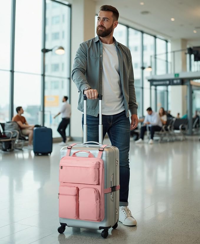 Over Luggage Organizer Bag for Suitcase with Multi Pockets, 16” Laptop Bag with Handle,Portable Travel Organizer Bags for Luggage with Adjustable Straps,Tote Carry Bag for Women Men(Pink)