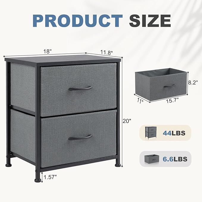 DUMOS Nightstand Set of 2, Small Dresser with 2 Fabric Drawers Side Bedroom End Table Kids Bedside Storage Furniture for 25 inch Tall Night Stand for Closet, Entryway, College Dorm, Grey, M-2 Pack