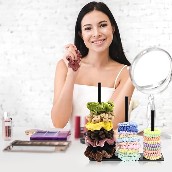 SMUK 2Packs 3-Tiers Acrylic Scrunchie Holder Organizer, Black Hair Tie Holder Stand for Women Teen Girls Scrunchie Storage Scrunchy Hair Accessories Organizer