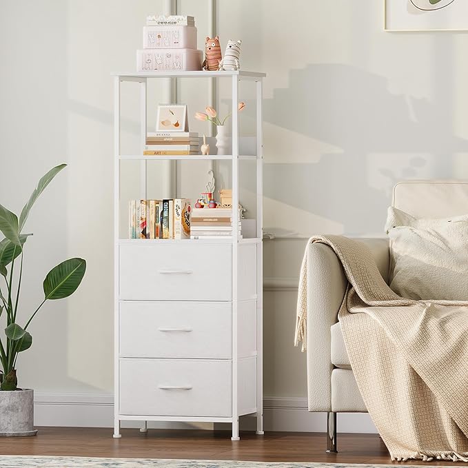Somdot 3 Tier Bookshelf with Drawer, Tall Bookcase with Shelves, Bookshelf Desktop Organizer, Display Standing Shelf Units for Living Room, Bedroom, Study Room, White Leather
