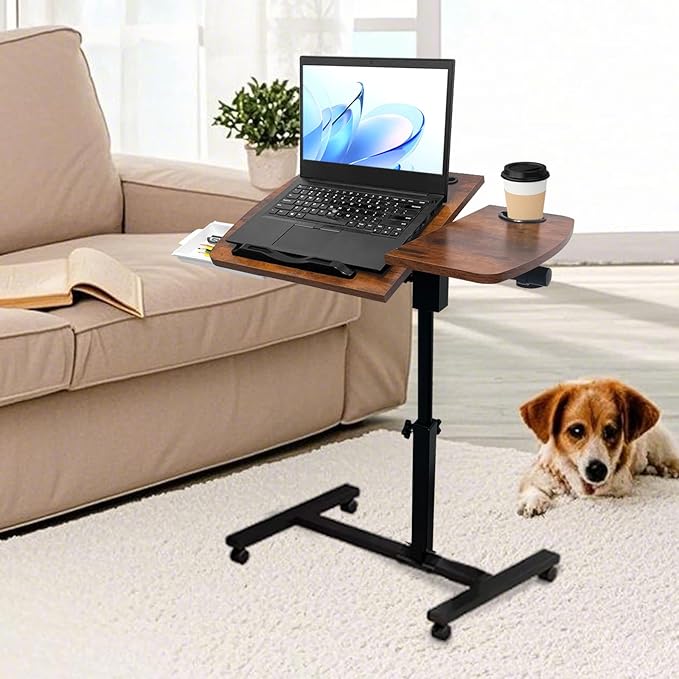 Overbed Table with Wheels Adjustable Height, Tiltable Desktop with Tray, Over Bed Table Rolling Bedside Tables, Medical Mobile Standing Desk, for Hospital Office Bedroom Sofa, Brown