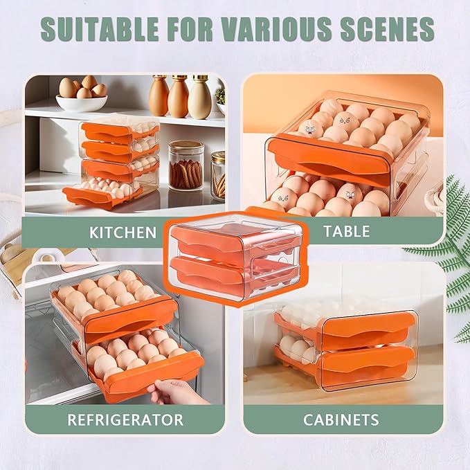 Refrigerator egg rack, egg container, egg storage box, double-layer transparent surface stackable, concave and convex handle kitchen storage organizer, bracket tray, refrigerator organizer (orange)