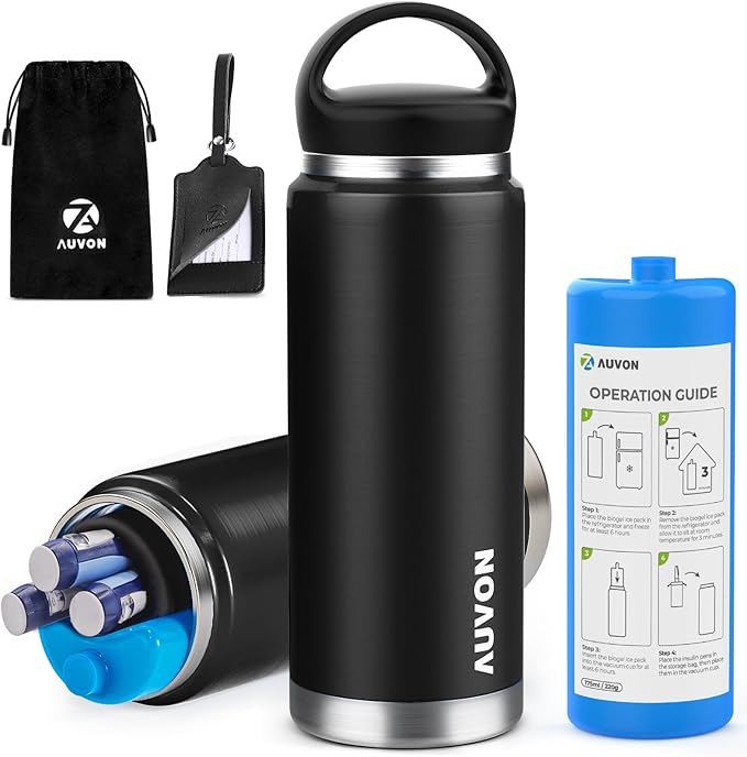 AUVON Large Insulin Pen Cooler for 3-6 Pens with Medical Tag, TSA Approved Insulin Travel Cooler with Portable Handle, Diabetic Travel Case with Gel Ice Pack and Anti-Freezing Drawstring Bag